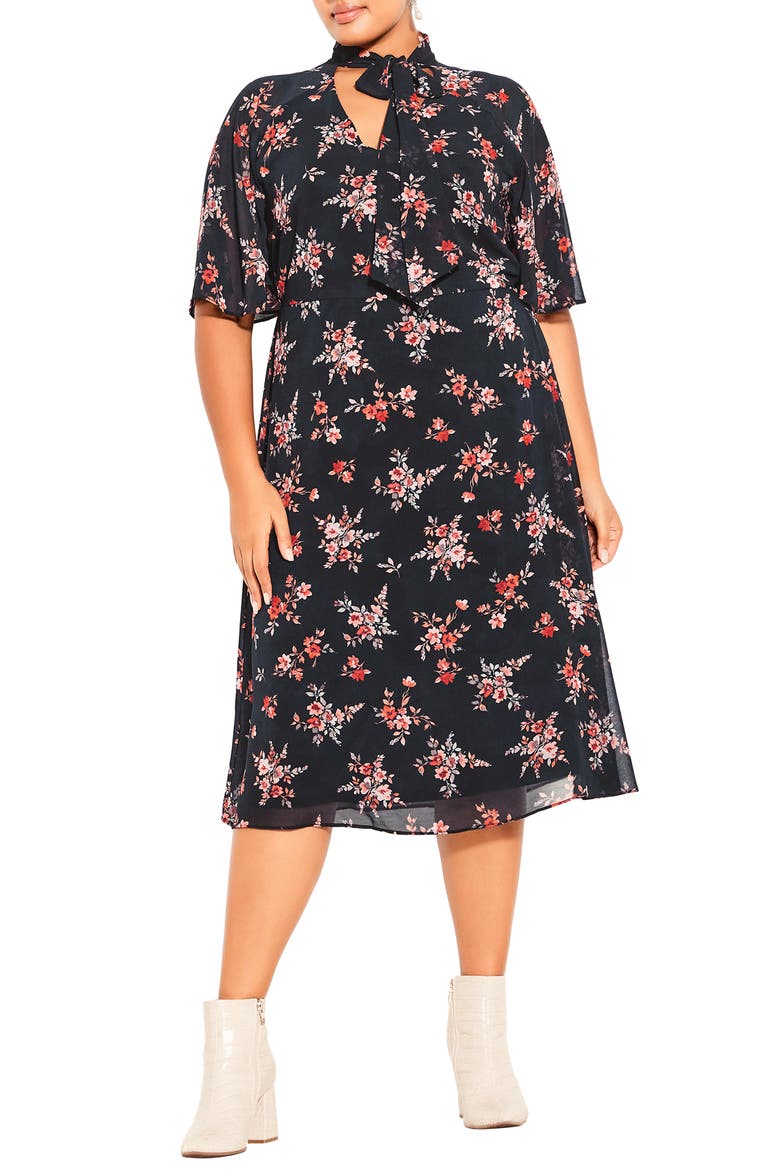 Alexandra Floral Tie Neck Midi Dress, Main, color, BLACK DITSY BLOOM