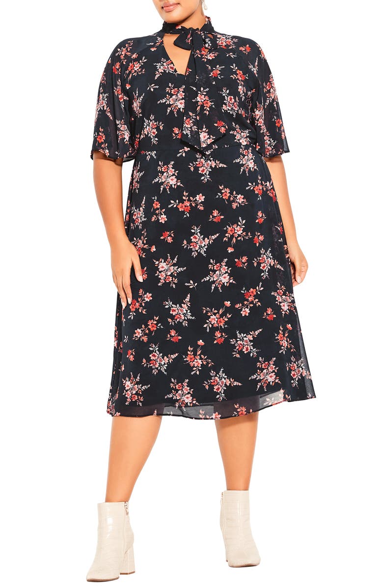 City Chic Kinley Floral Tie Neck Midi Dress, Main, color, Black Print