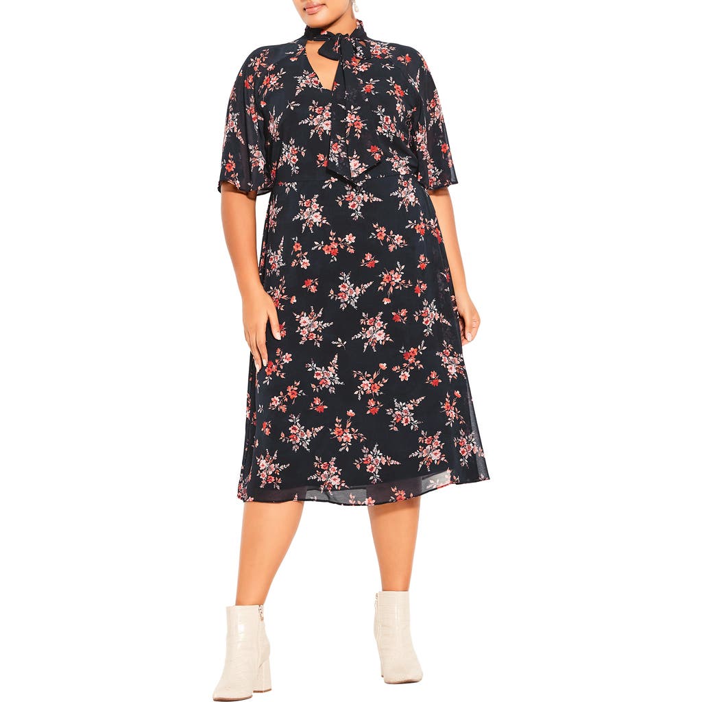 City Chic Kinley Floral Tie Neck Midi Dress In Multi