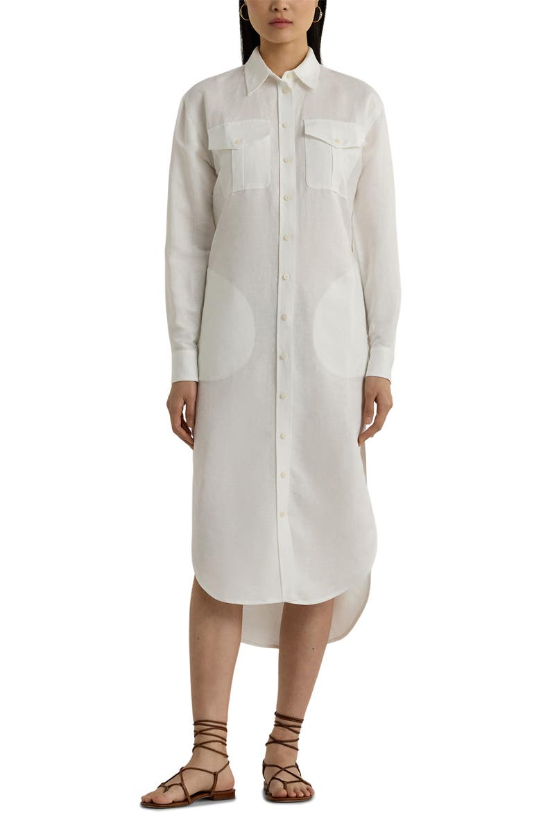 Ralph Lauren Textured Linen Blend Long Sleeve Shirtdress, Main, color, White