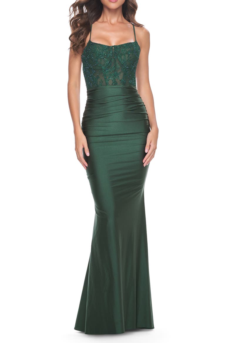 Ruched Jersey Dress with Illusion Corset Lace Top, Main, color, Dark Emerald