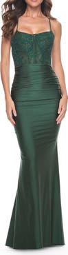 La Femme Ruched Jersey Dress with Illusion Corset Lace Top