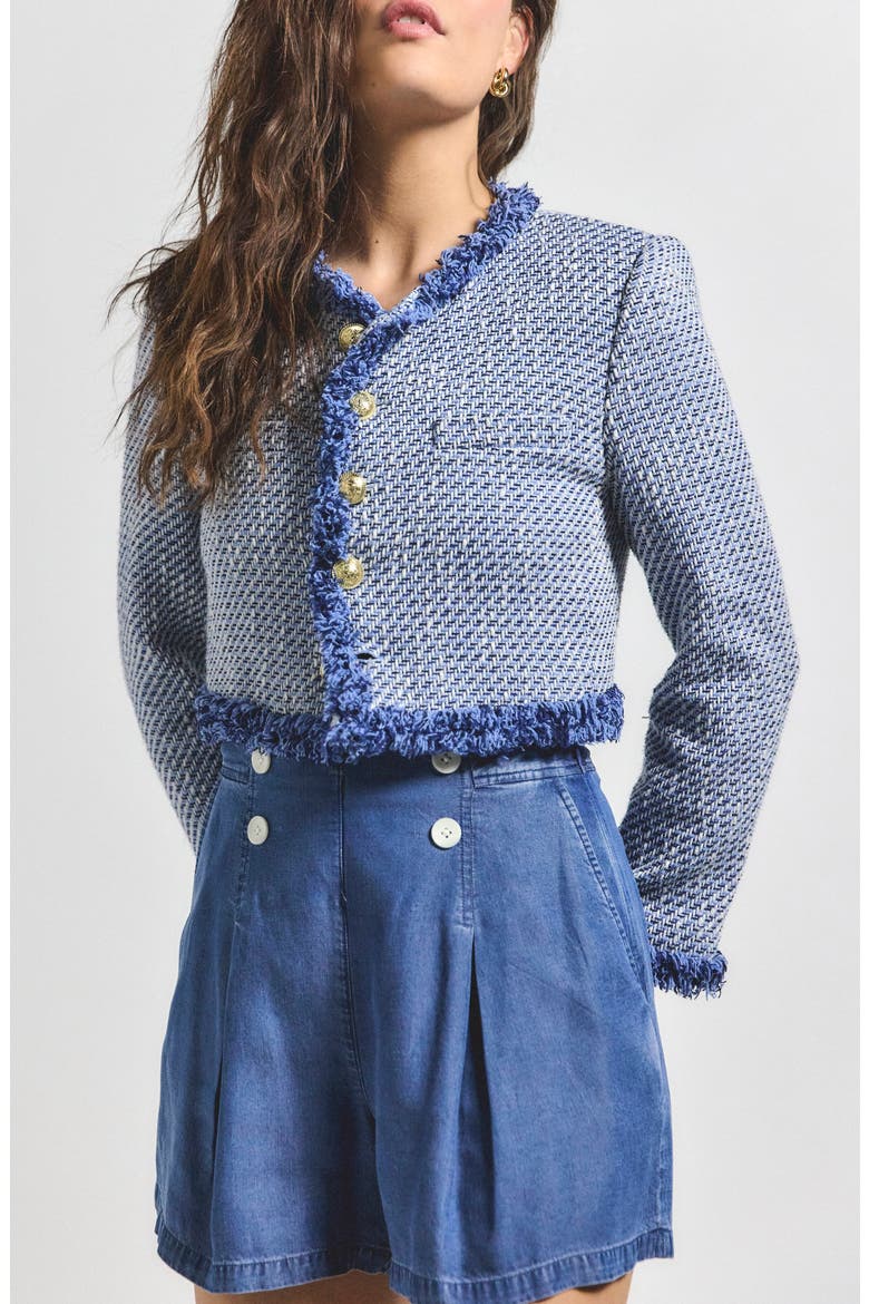 Asuka Fringe Detail Cotton Blend Tweed Crop Jacket, Main, color, INDIGO MULTI