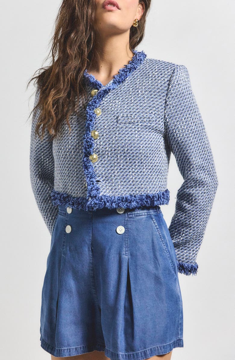 Derek Lam 10 Crosby Asuka Fringe Detail Cotton Blend Tweed Crop Jacket, Main, color, Indigo Multi