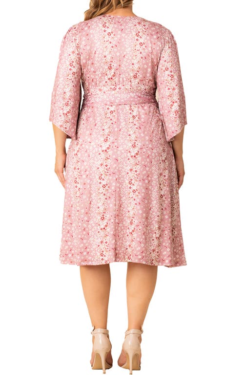 Kiyonna Gemini Floral Bell Sleeve Wrap Dress In Pink Floral Falls