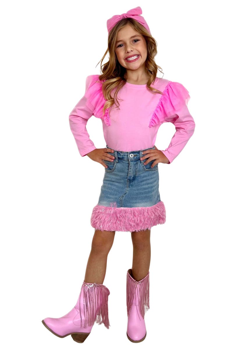 Mia Belle Girls Girls Pink Ruffle Top and Feather Trim Denim Skirt Set, Main, color, Pink