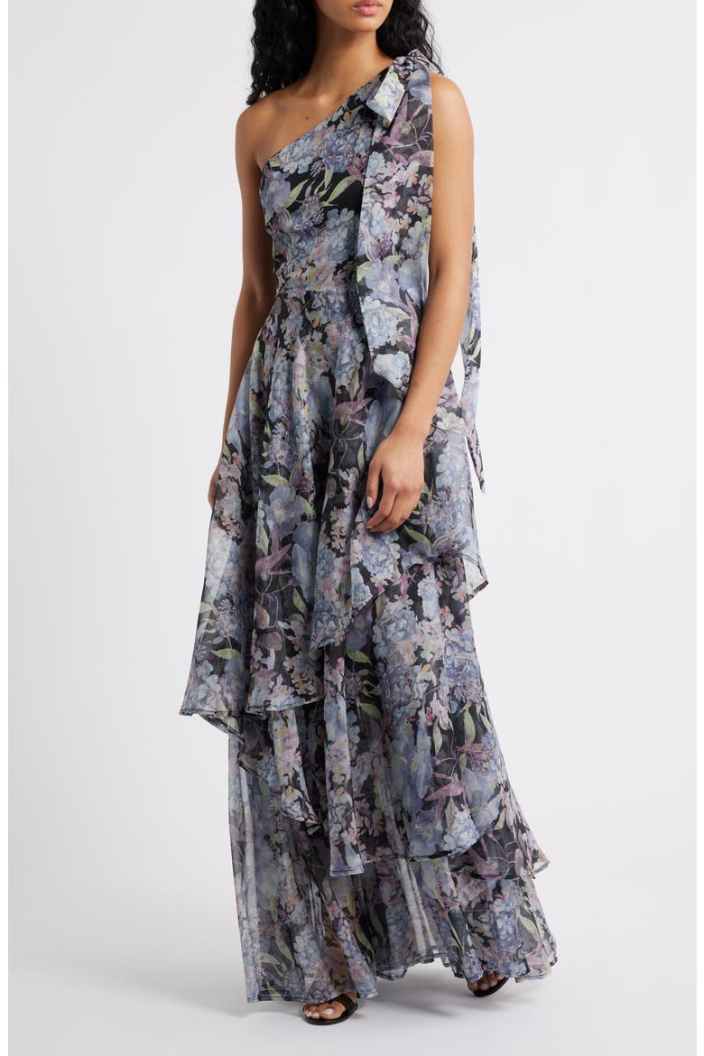 Amara Floral One-Shoulder Gown, Main, color, GREY MULTI
