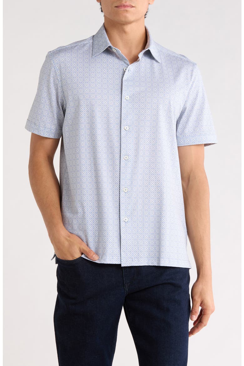 Geometric Print Stretch Cotton Short Sleeve Button-Up Shirt, Main, color, AIR BLUE