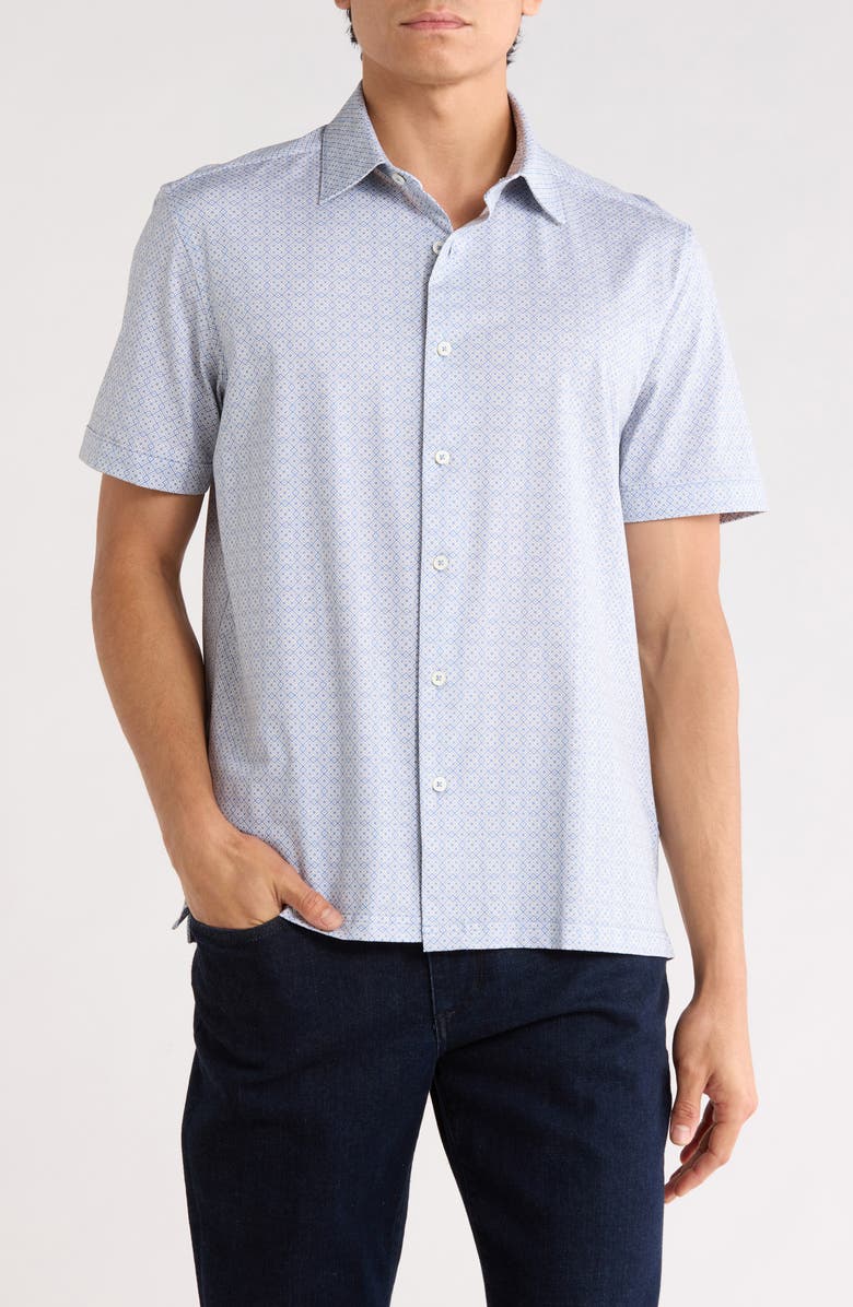 Bugatchi Geometric Print Stretch Cotton Short Sleeve Button-Up Shirt, Main, color, Air Blue