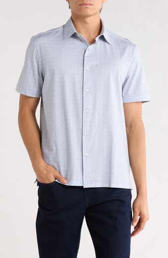 Geometric Print Stretch Cotton Short Sleeve Button-Up Shirt