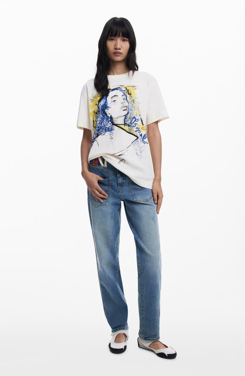 Desigual Doodle Face Cotton Graphic T-Shirt, Alternate, color, White