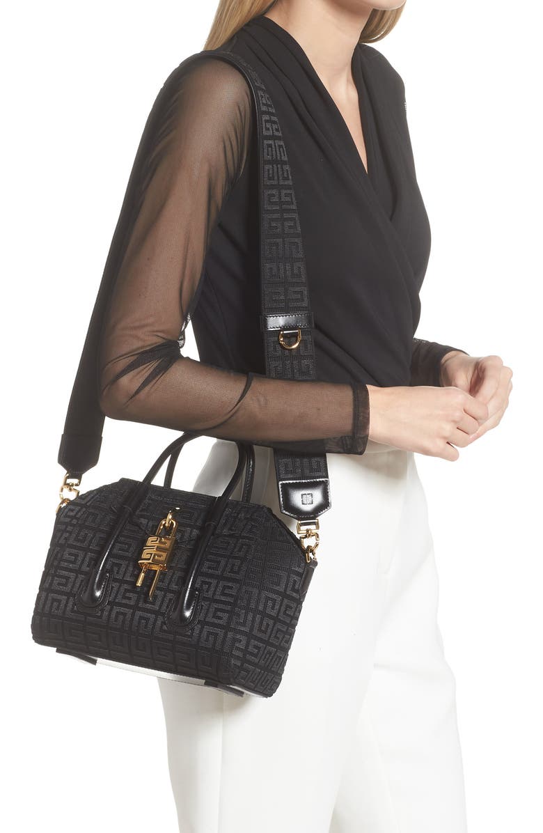 Givenchy Mini Antigona Lock Embroidered Canvas Satchel, Alternate, color,