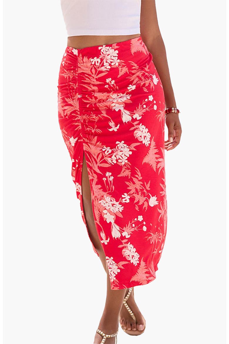 Ruched Slit Midi Skirt, Main, color, Red Printed