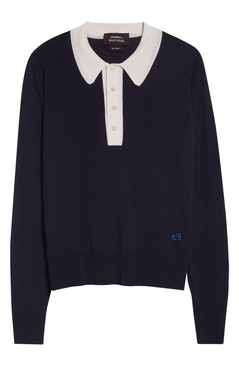 Wales Bonner x John Smedley Two-Tone Long Sleeve Merino Wool Polo Sweater, Alternate, color, Navy / Ivory