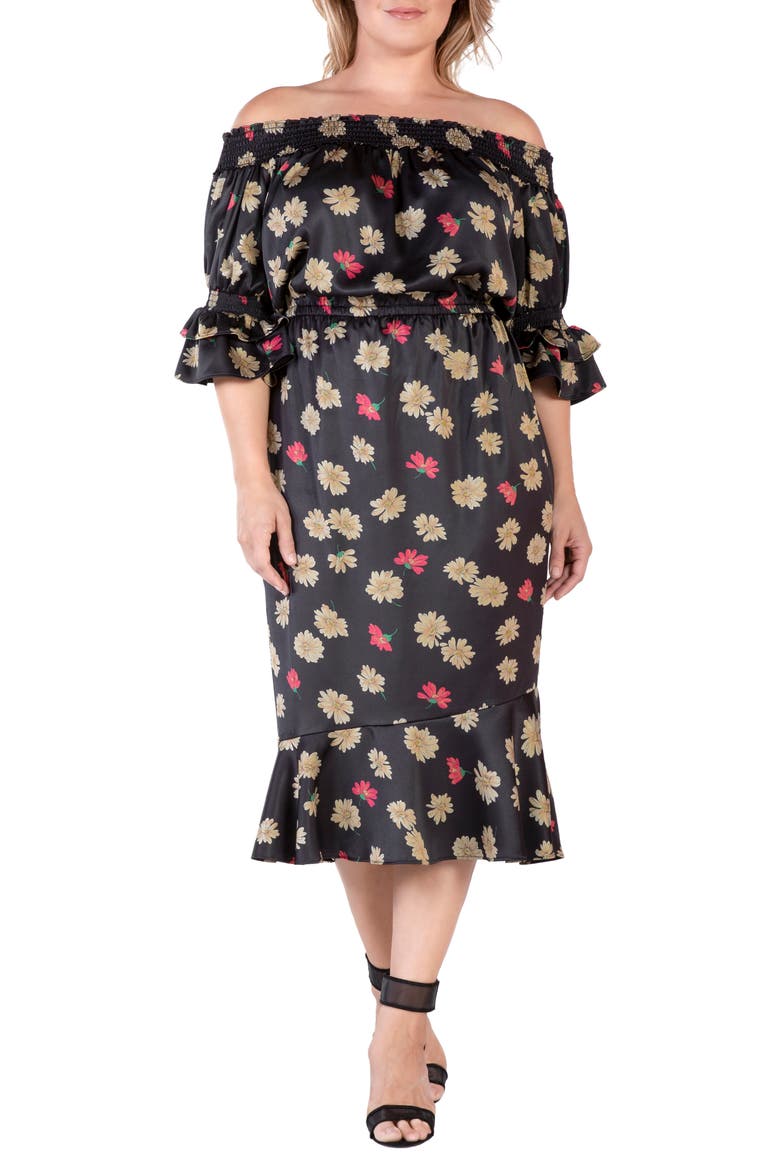 Floral Off the Shoulder Midi Dress, Main, color, BLACK SPARKLER