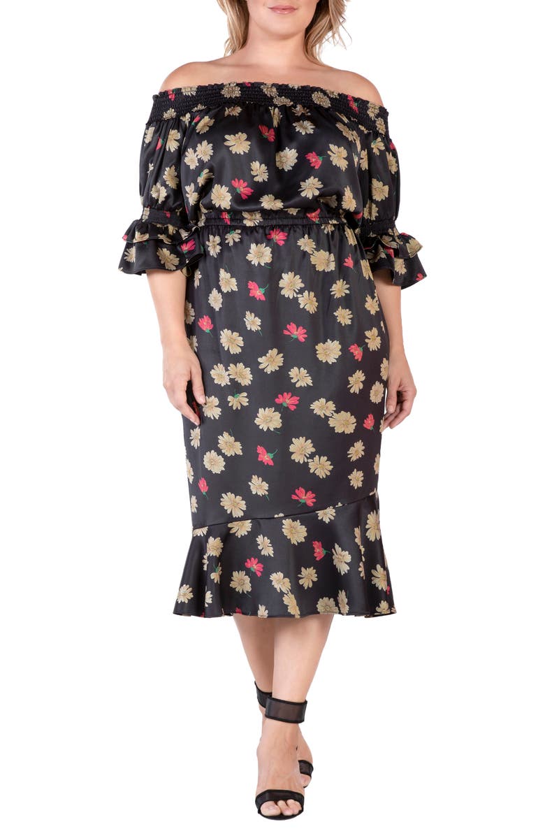 Standards & Practices Floral Off the Shoulder Midi Dress, Main, color, Black Sparkler