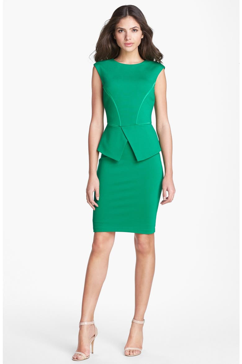 'Evvie' Structured Waist Stretch Peplum Sheath Dress, Main, color, GREEN