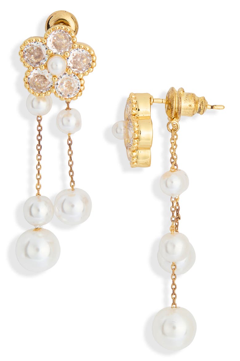 Divya Cubic Zirconia Flower Faux Pearl Drop Earrings, Main, color, GOLD