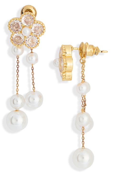 Divya Cubic Zirconia Flower Faux Pearl Drop Earrings