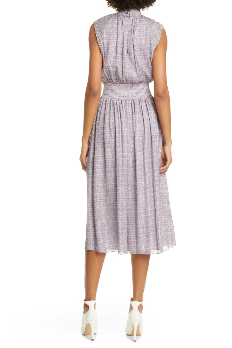 Smocked Metallic Silk Chiffon Midi Dress, Alternate, color, LAVENDER MULTI