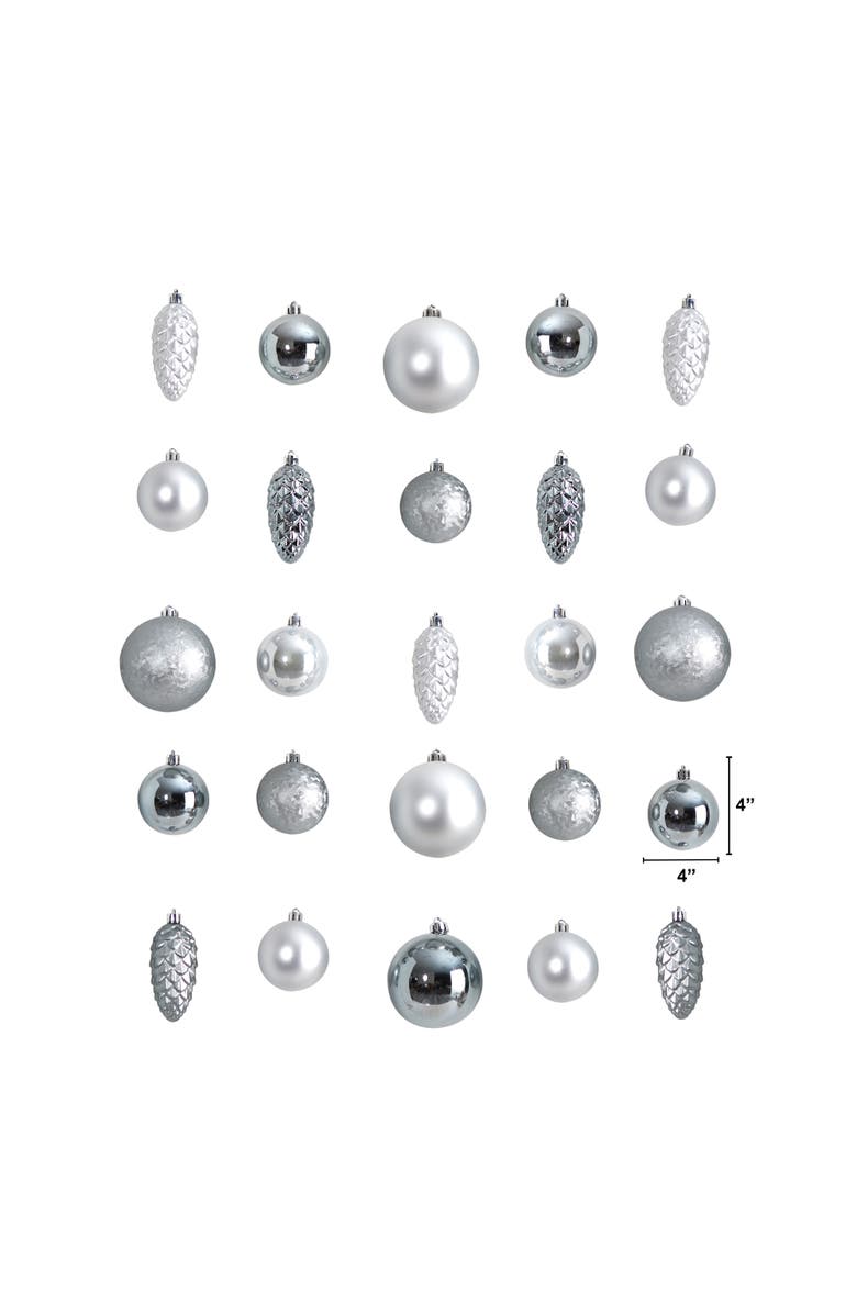 NEARLY NATURAL Holiday Christmas 23 Count 4-in Lux Shatterproof Ornament Set with Re-Usable Storage Container, Alternate, color, Silver