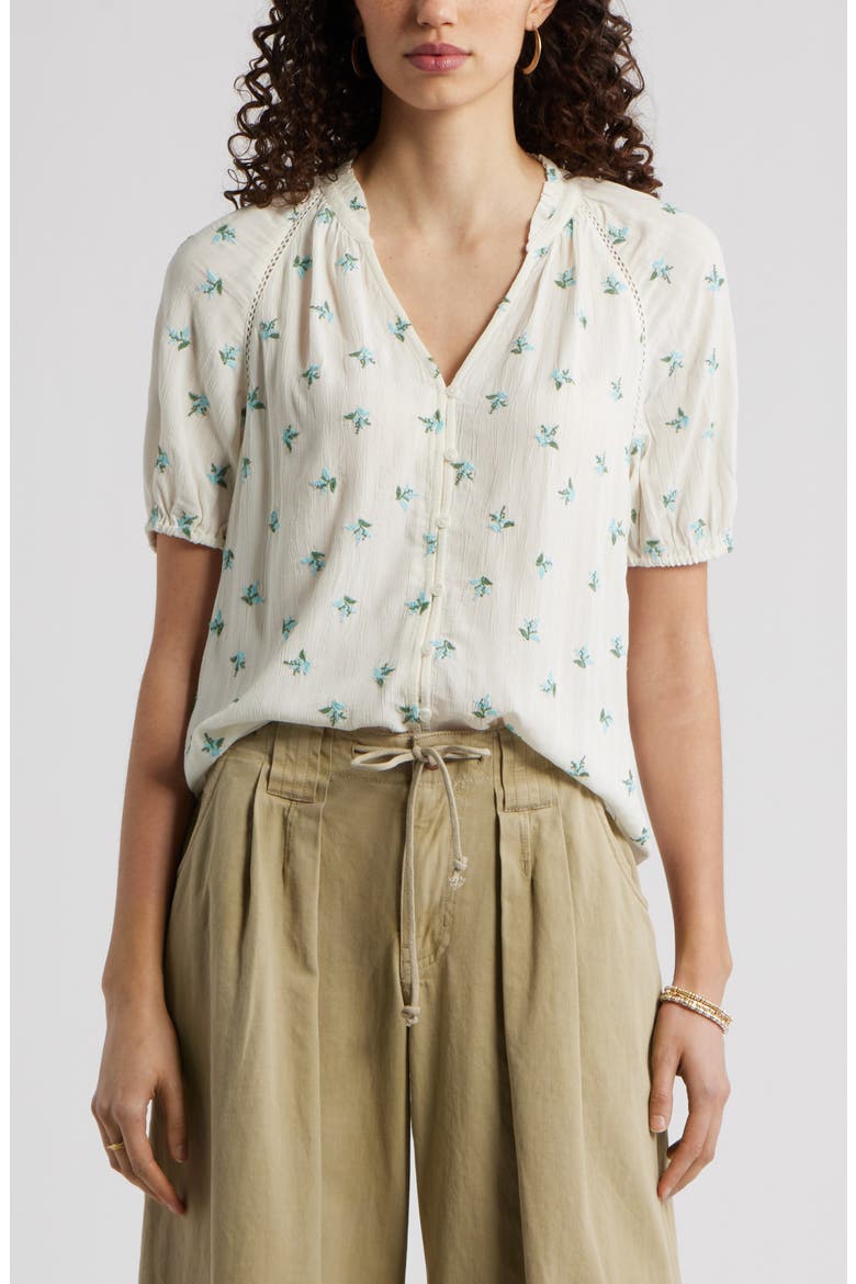 Floral Button-Up Top, Main, color, IVORY- BLUE GARDEN DITSY