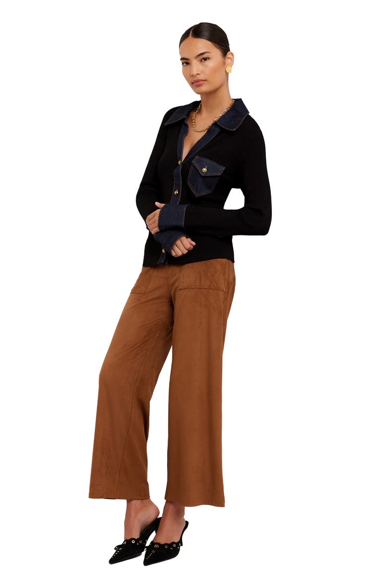 Denim Trim Rib Cardigan, Alternate, color, BLACK
