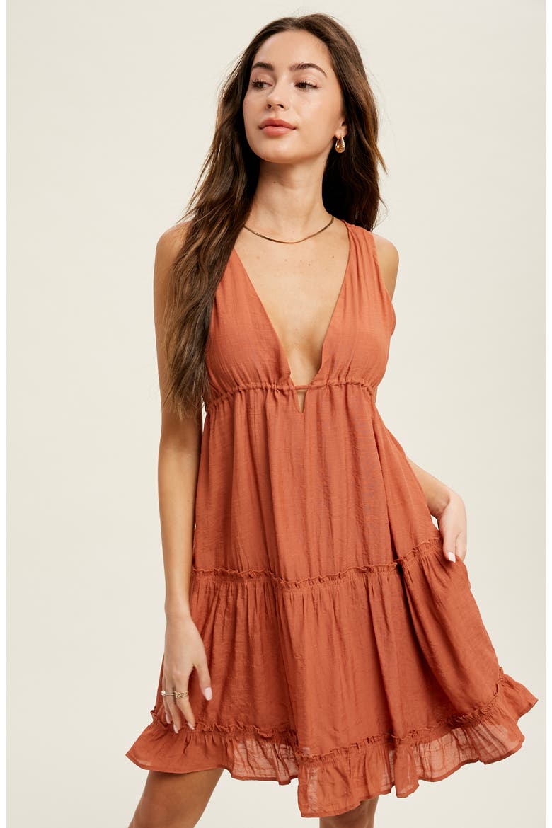 Tiered Babydoll Minidress, Alternate, color, BRICK