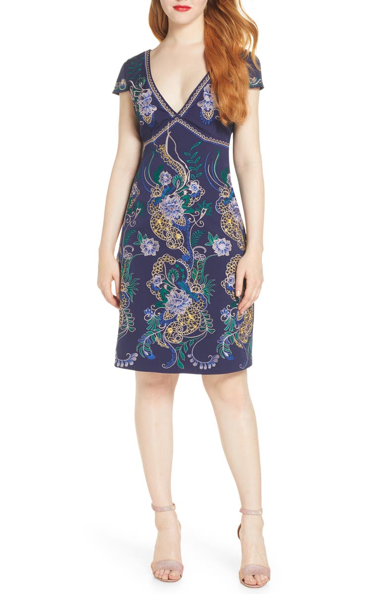 Foxiedox Embroidered Dress, Main, color, Navy Multi