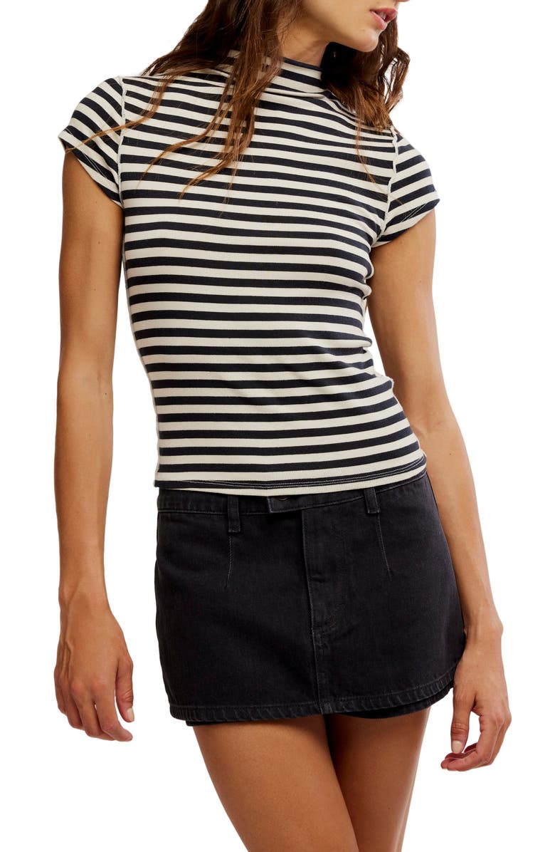 Free People Lola Stripe Funnel Neck Knit Top, Main, color, Black White Stripe