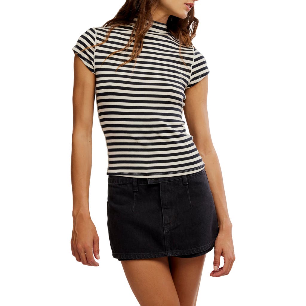 Free People Lola Stripe Funnel Neck Knit Top In Black