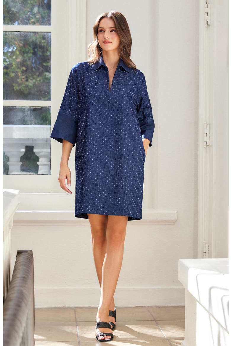 Diamante Detail Stretch Cotton Shift Dress, Alternate, color, NAVY