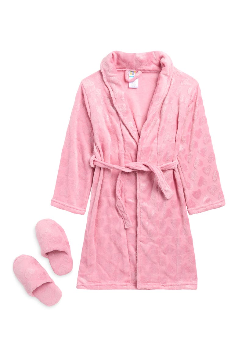 Kids' Patterned Fleece Robe & Slippers Set, Main, color, PINK