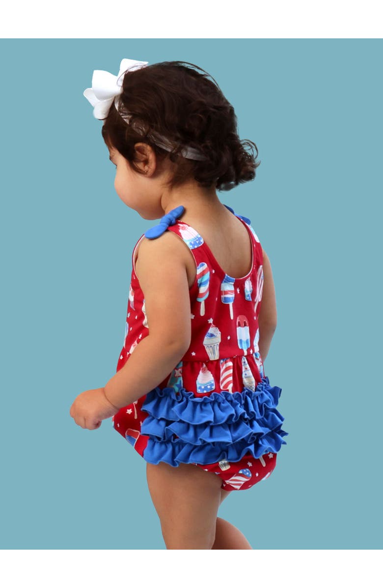 RuffleButts Baby/Toddler Knit Tie Shoulder Bubble Romper, Alternate, color, Stars & Scoops