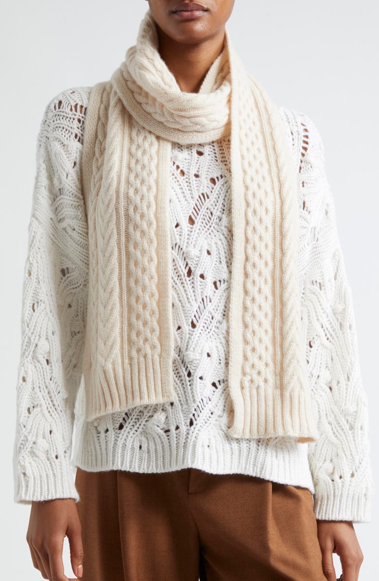 Johnstons of Elgin Aran Cable Cashmere Scarf, Alternate, color, Champagne