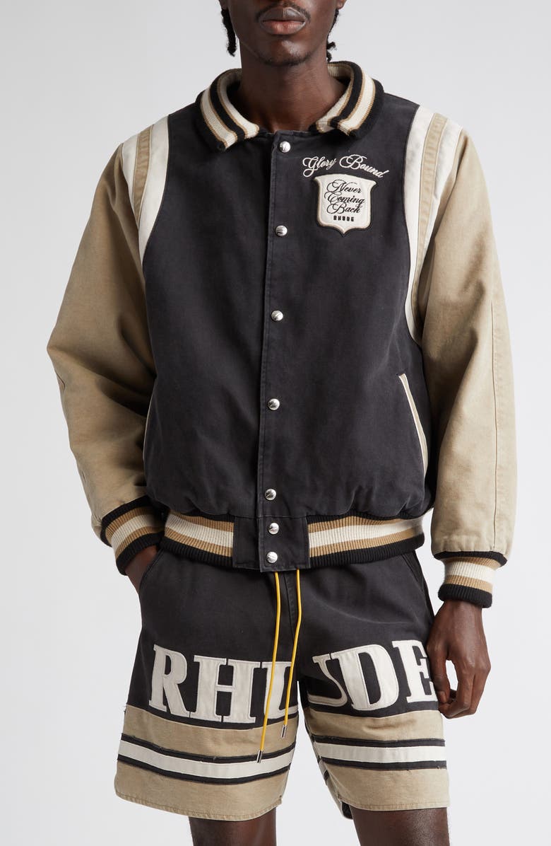 Rhude Washed Cotton Canvas Varsity Jacket, Main, color,