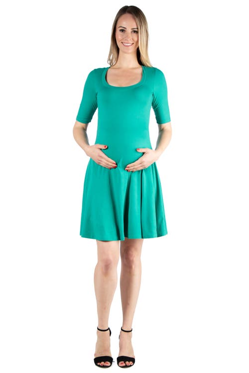 24seven Comfort Apparel Maternity Knee Length A-line Elbow Sleeve Dress In Green