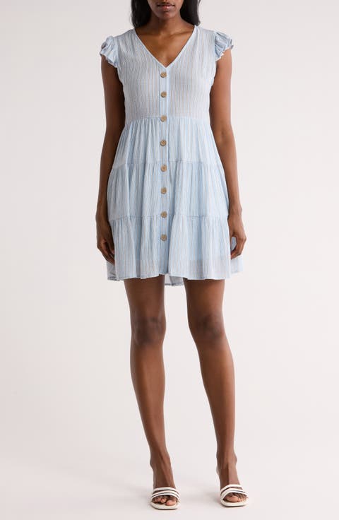 Stripe Cap Sleeve Button Front Minidress