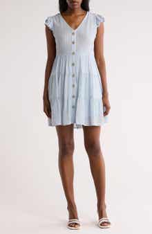 AUGUST SKY Stripe Cap Sleeve Button Front Minidress