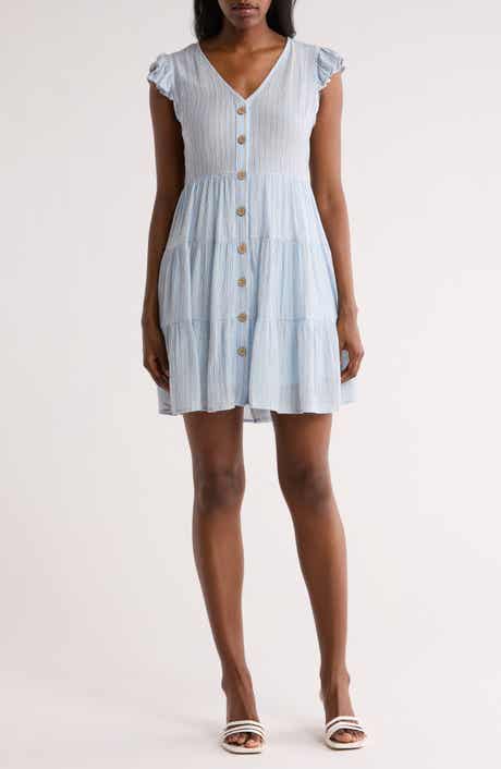 AUGUST SKY Stripe Cap Sleeve Button Front Minidress