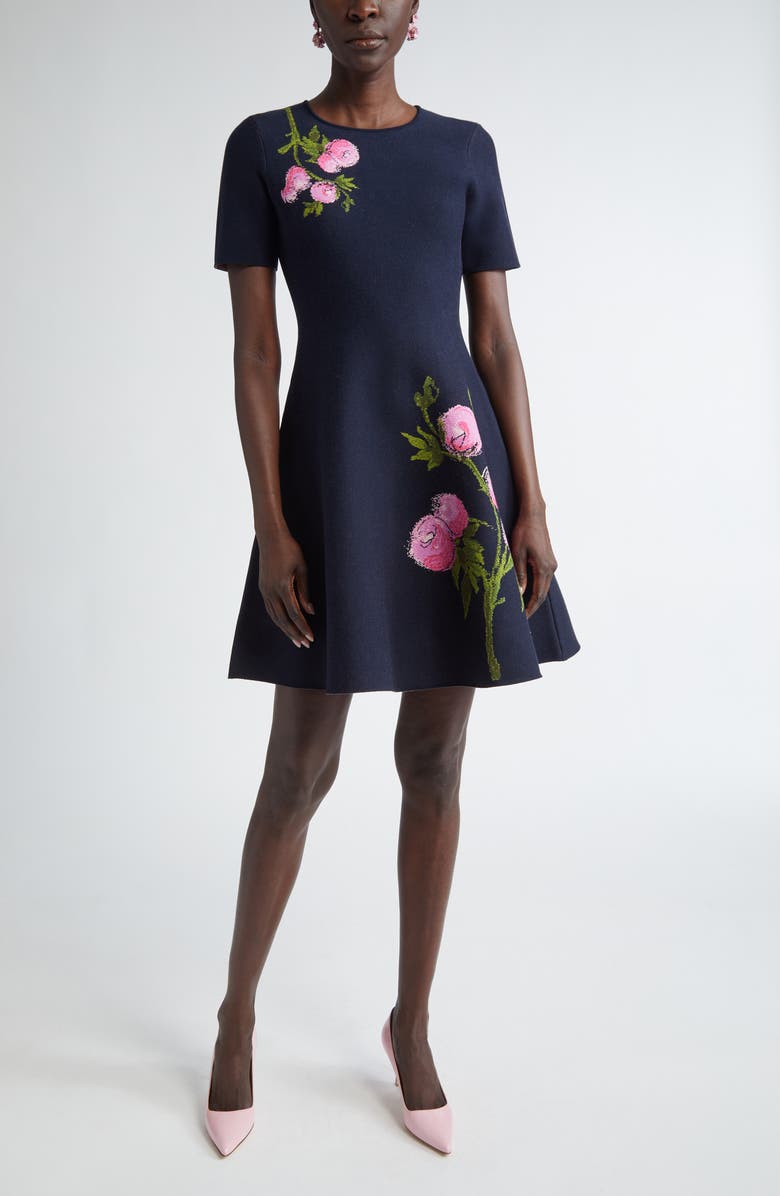 Oscar de la Renta English Rose Jacquard Knit Fit & Flare Dress, Main, color, 