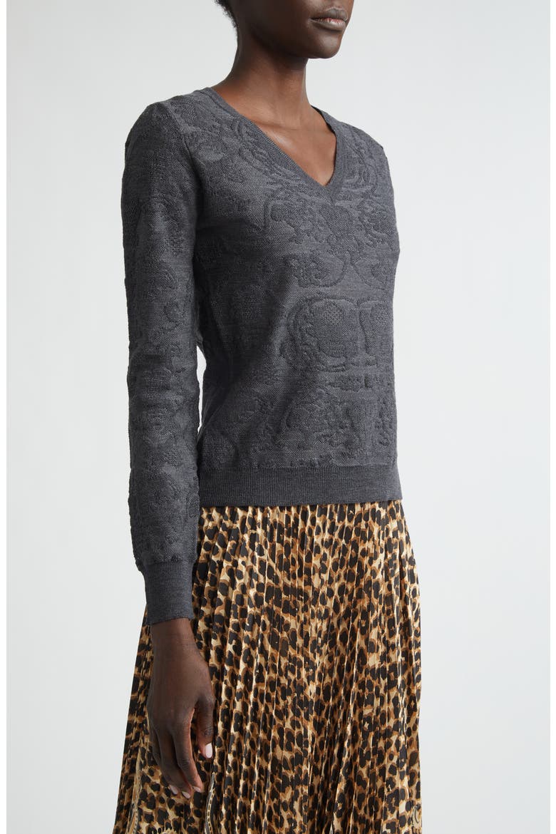 Paisley Jacquard Wool Blend V-Neck Sweater, Alternate, color, GREY MELANGE