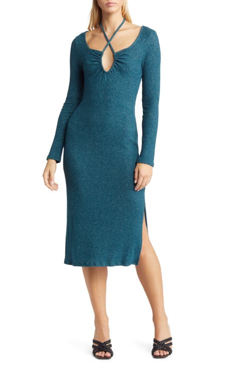 Tie Keyhole Long Sleeve Midi Dress