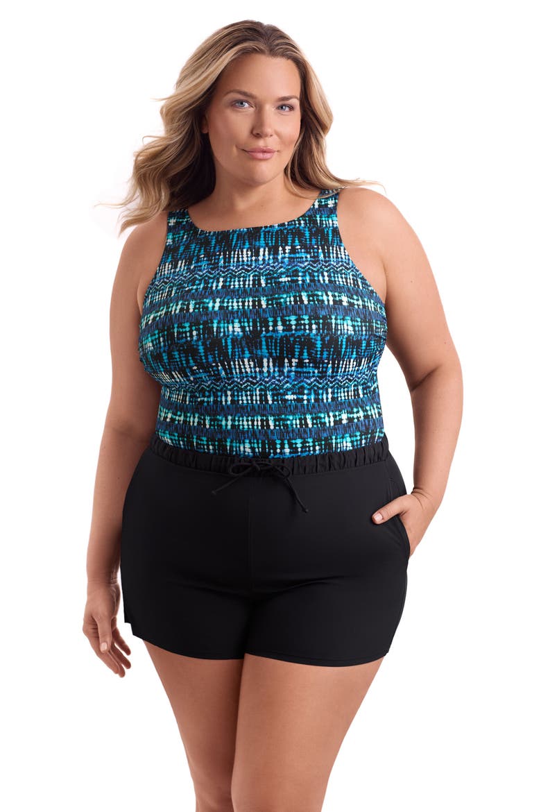 Highneck Runaround Chlorine Resistant One-Piece Swimsuit, Main, color, Blue Tribal Stripe