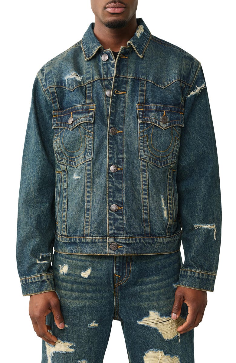True Religion Jimmy Destroyed Oversize Denim Jacket, Main, color, Rusted Denim Dark Wash