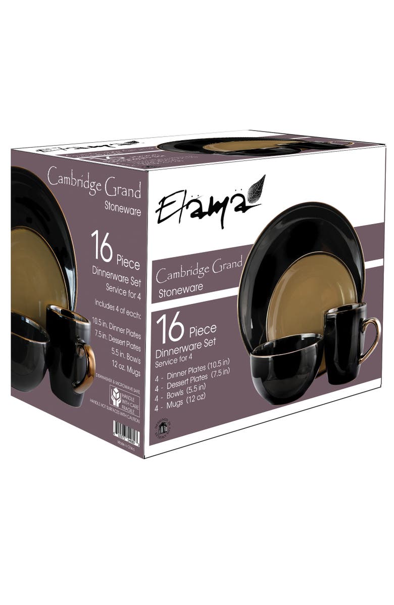 Elama Cambridge Grand 16-Piece Dinnerware Set in Luxurious Black and Warm Taupe with Complete Setting for 4, Alternate, color, Black
