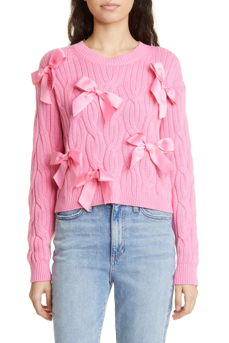 Beau Relaxed Fit Bow Detail Cable Sweater, Main, color, PRIMROSE