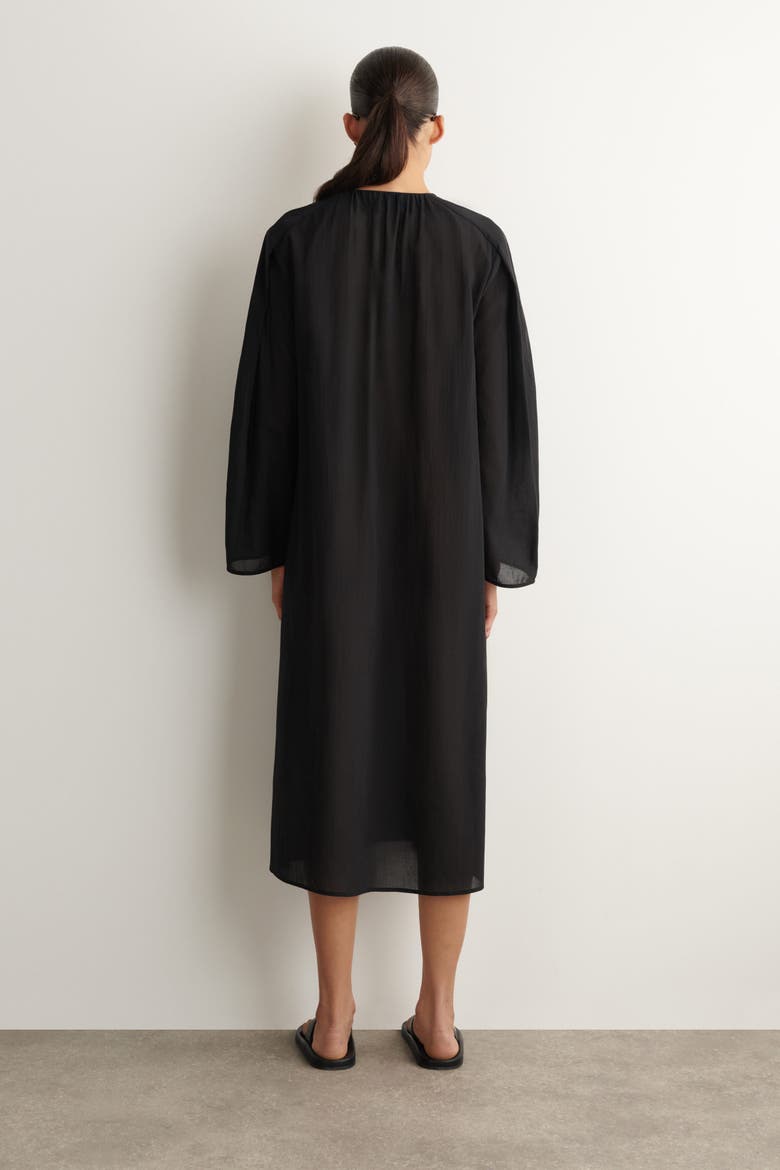Gathered Lightweight Cotton Midi Dress, Alternate, color, BLACK