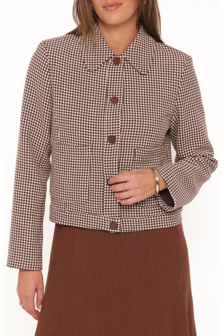 Harvie Houndstooth Cropped Trucker Jacket, Main, color, BROWN HOUNDSTOOTH