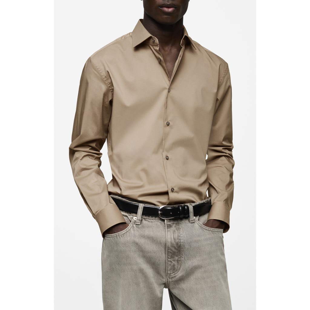 Mango Regular Fit Stretch Poplin Button-up Shirt In Medium Brown